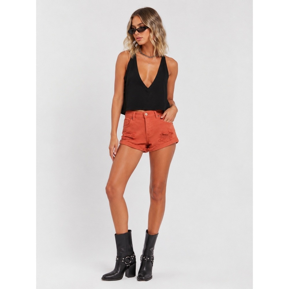 Amuse Society 100% Cotton Distressed Denim Shorts Rust Orange Size 25